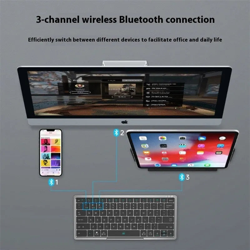 Black and grey hardcover wireless Bluetooth keyboard with integrated touch pad and stand for iPad and mobile phones.