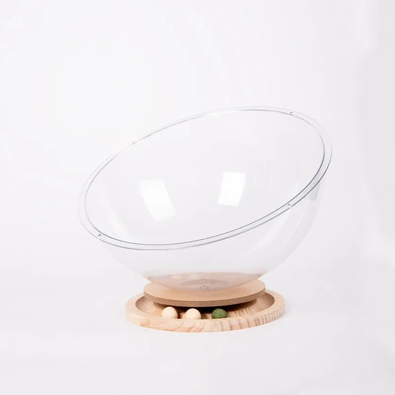 Transparent acrylic space capsule cat bed on turntable base with cat inside