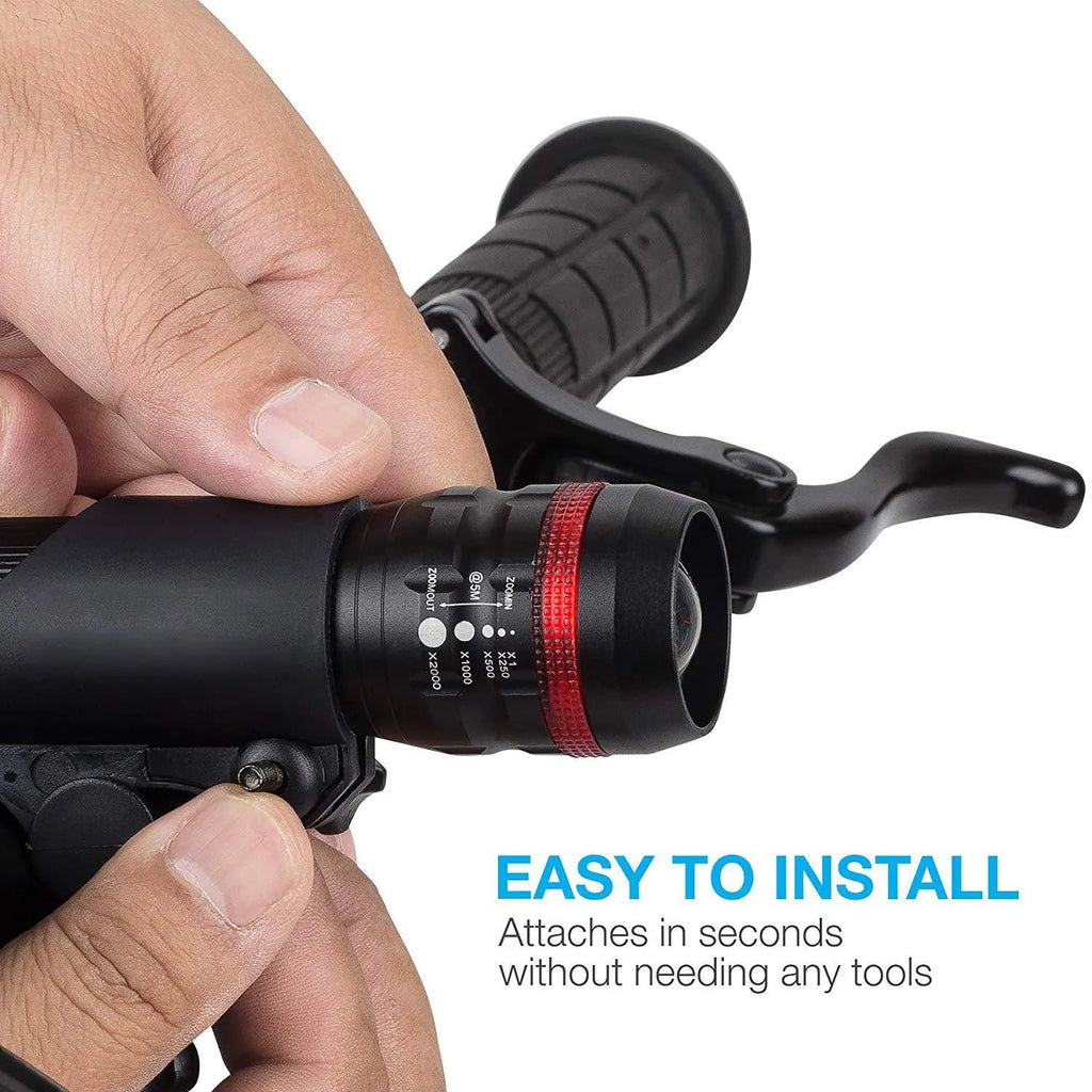 Bicycle headlight and taillight set with a black mounting bracket on a handlebar.