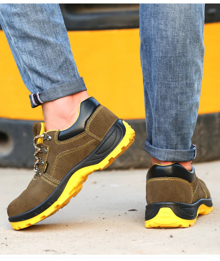 Bronze men's steel toe safety shoes with cow suede leather upper and solid rubber soles