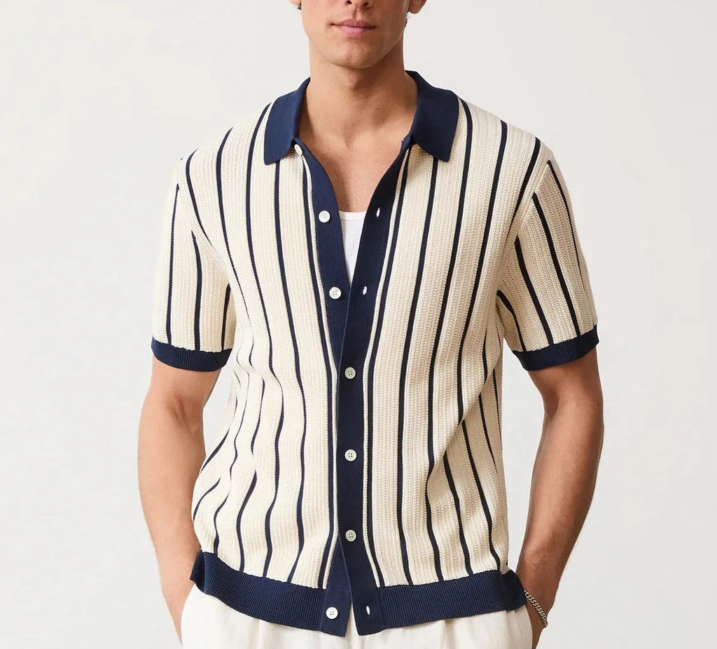 Men's white lapel collar knitted shirt with asymmetric hem design
