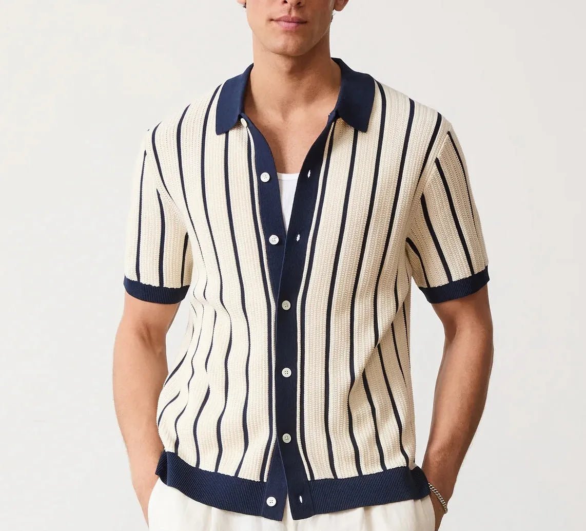 Men's white lapel collar knitted shirt with asymmetric hem design