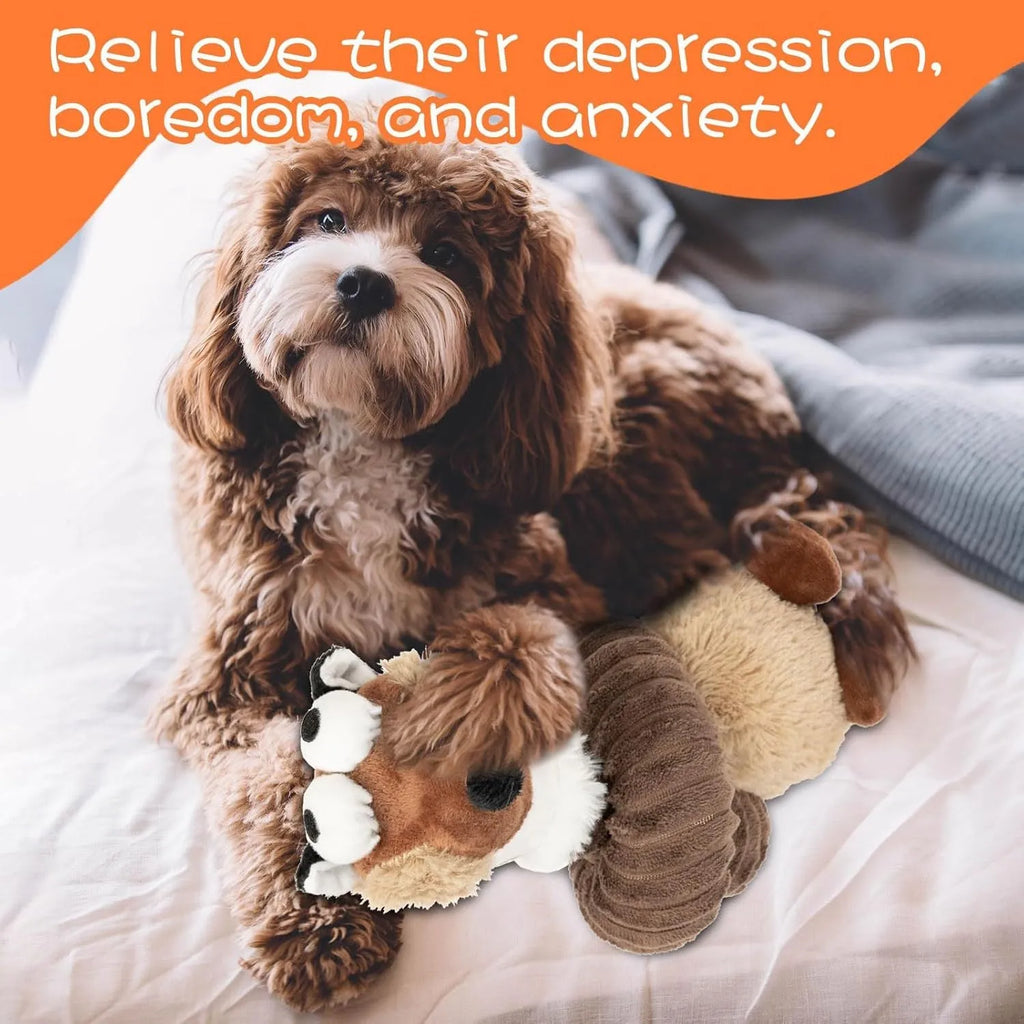 Plush stuffed dog toy with squeaker and crinkle material in brown, grey, or yellow colour
