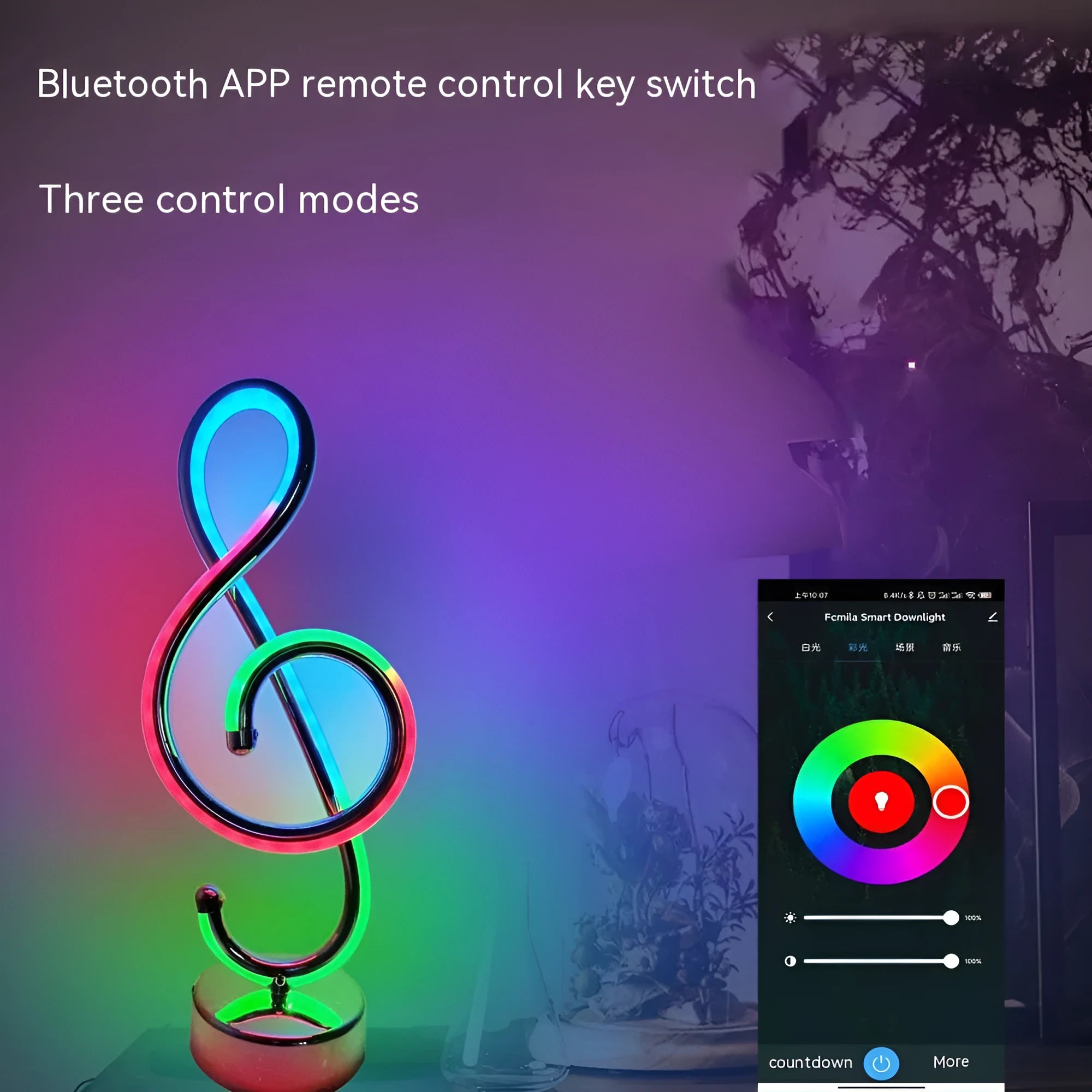 Black musical note shaped night light with RGB color options made of iron aluminum and silicone for bedside use