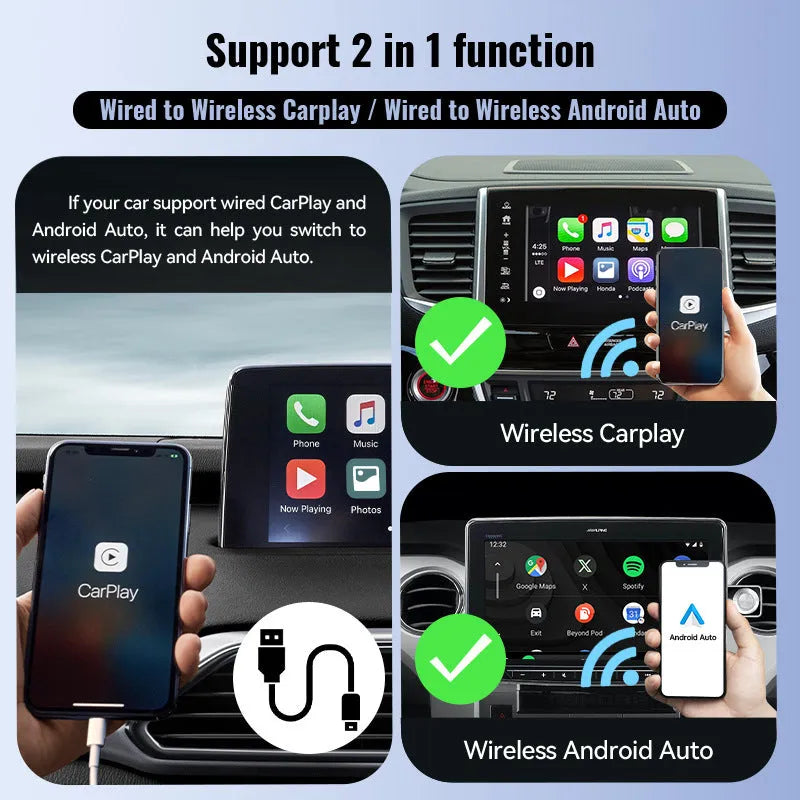 Black mini CarPlay USB interface adapter with compact dimensions for wireless smartphone connectivity in vehicles