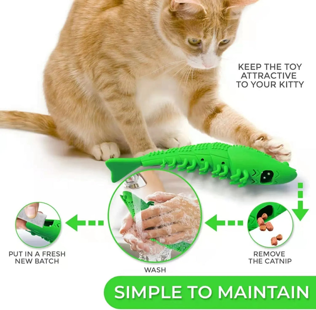 Blue hard rubber catnip toy with bell for teeth cleaning and interactive play