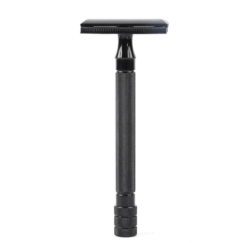 Traditional manual safety razor with natural bristle brush shaving set in black or silver finish