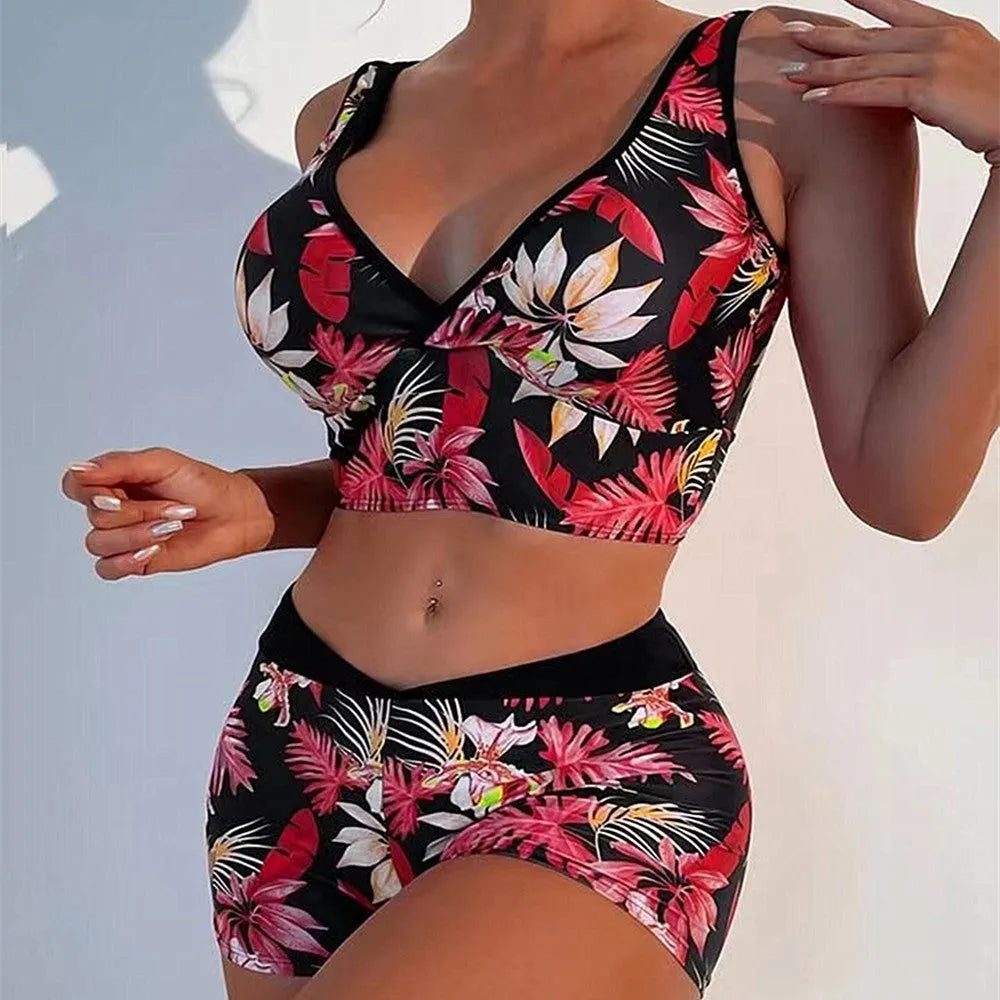 Women's two-piece swimsuit with printed boxer bottoms in floral pattern