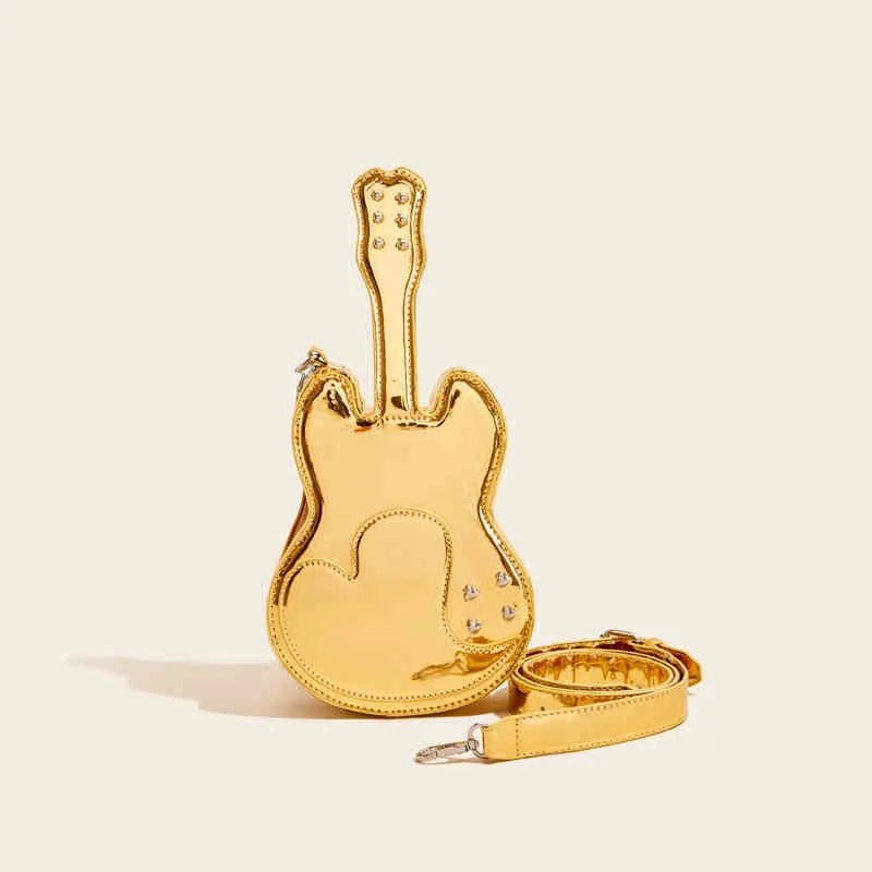 Guitar-shaped crossbody shoulder bag in PU material with dimensions 16cm width, 33cm height