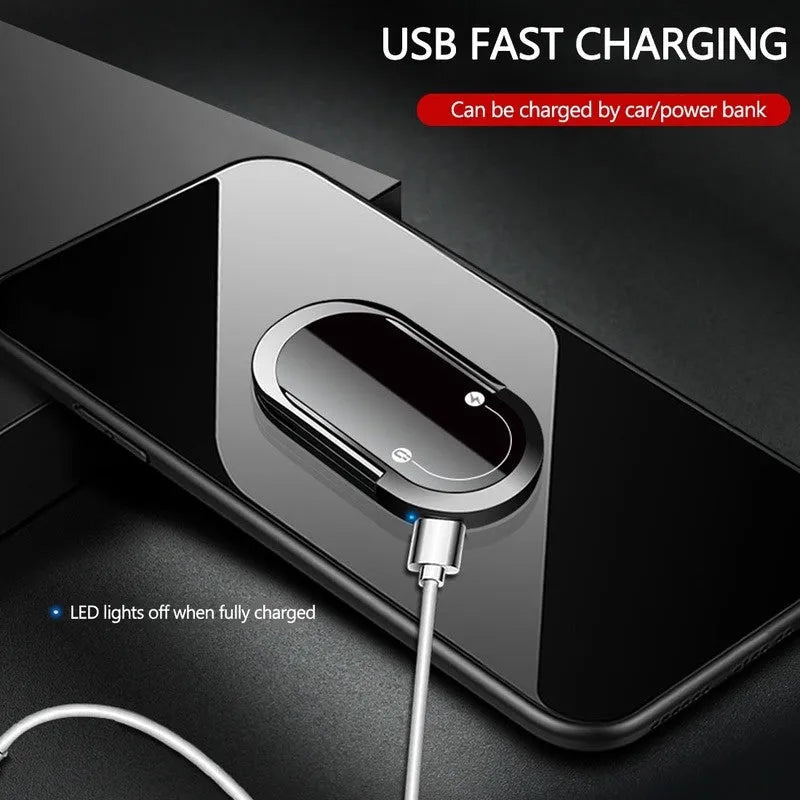 2 in 1 USB plasma lighter and mobile phone holder in aluminium alloy, black ice colour, with ring buckle and USB charging cable