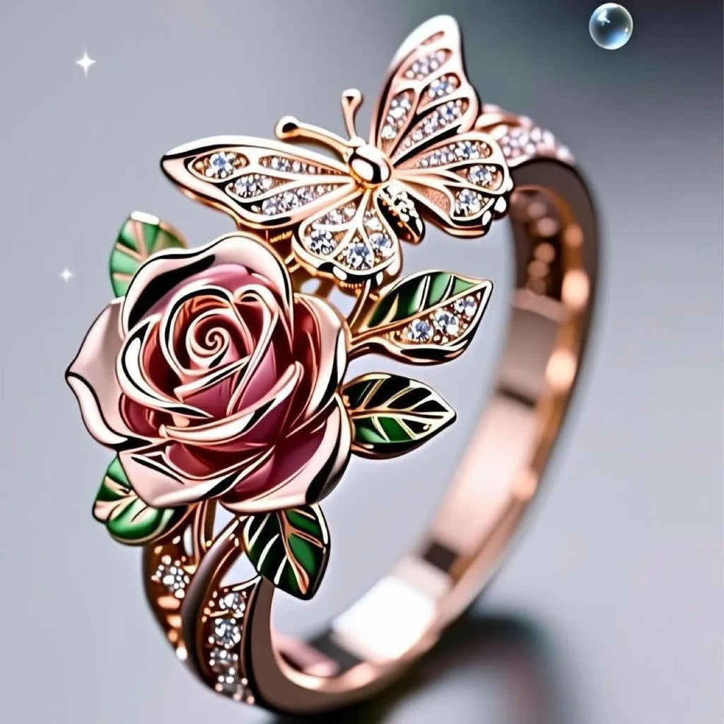 Adjustable alloy butterfly ring with oil-drip colour finish showing floral and insect details