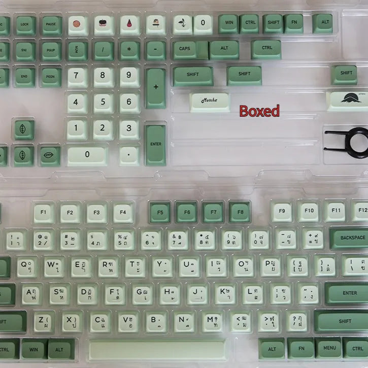 124 PBT keycaps with matcha green colour and white doubleshot legends for mechanical keyboards.