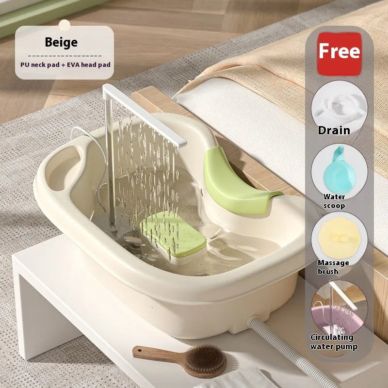 Portable plastic shampoo basin for lying-down hair washing with head pad and water pump