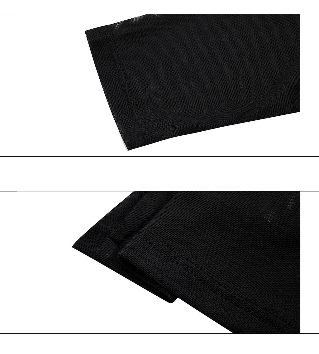 Black slim fit long sleeve niche mesh shirt for men on a white background