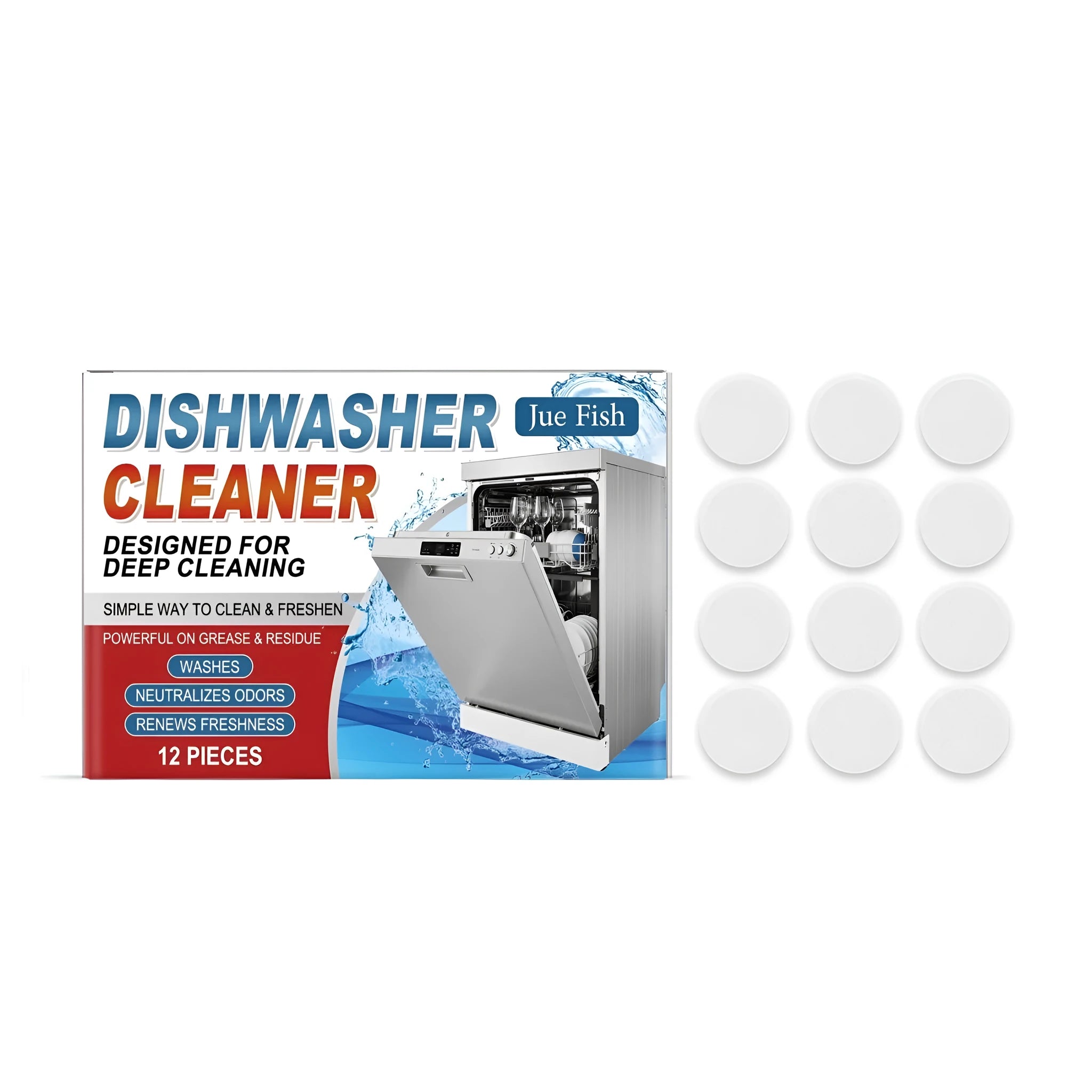 Pack of 12 white dishwasher cleaning tablets for appliance maintenance