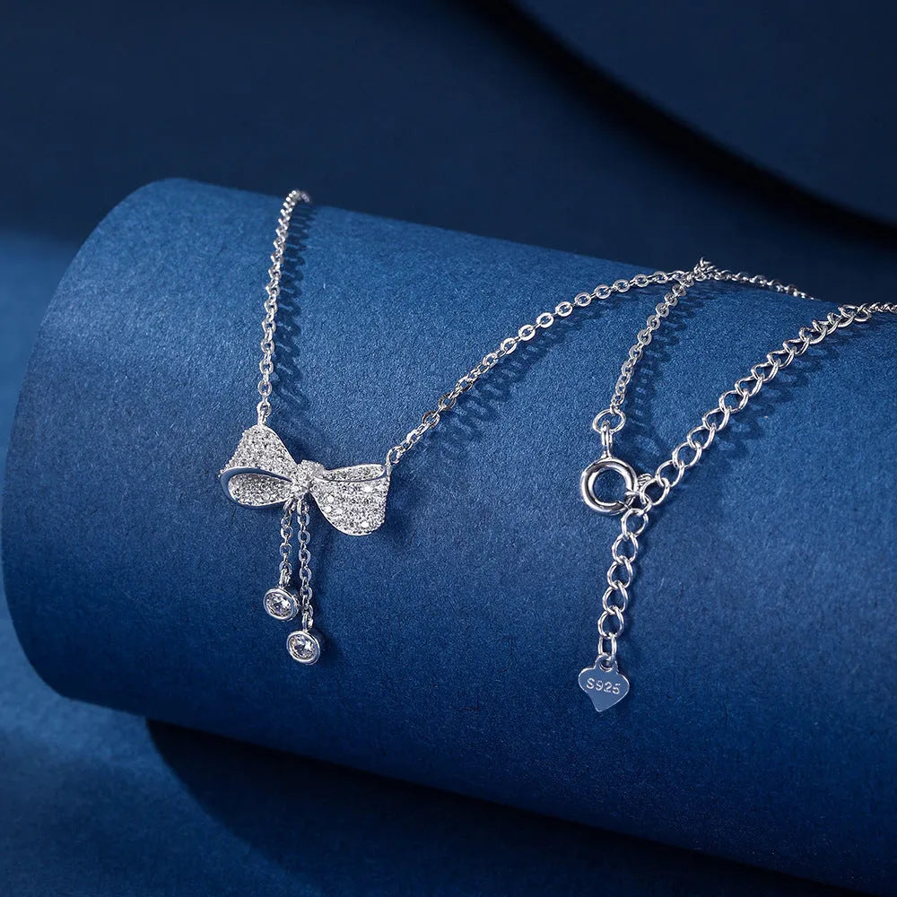 S925 sterling silver bow pendant necklace with O-ring chain in silver colour