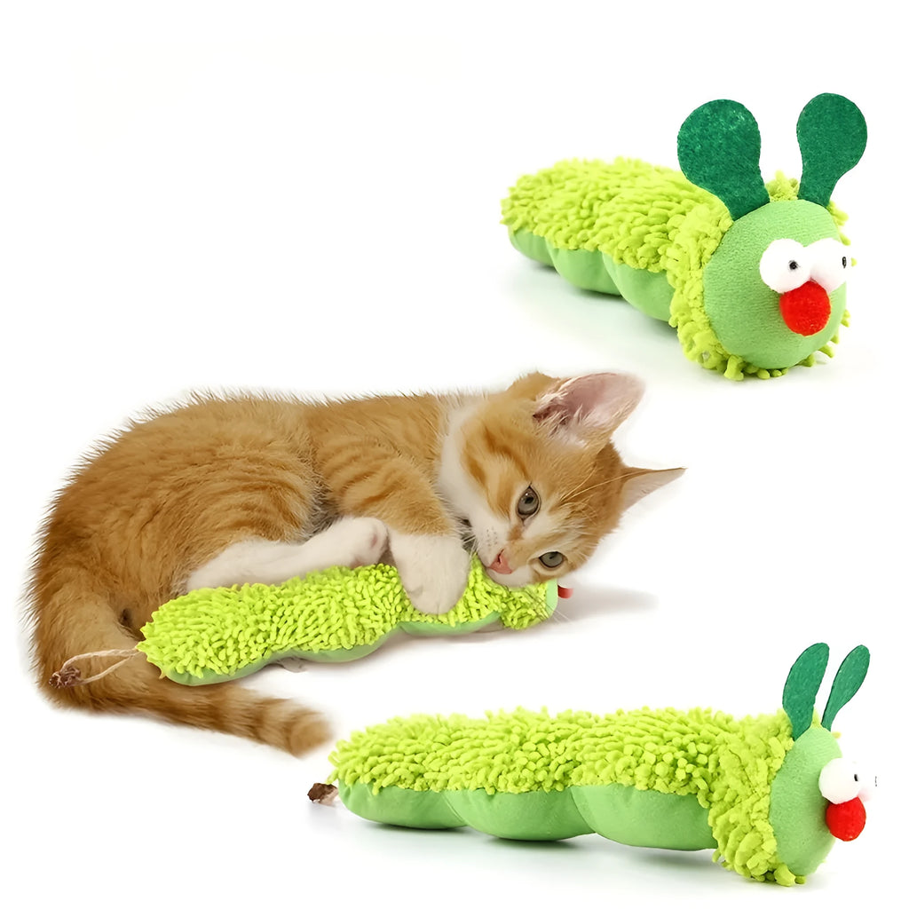 Green interactive plush cat toy pillow with rechargeable electronics, shown next to a measuring tape indicating 24cm length.
