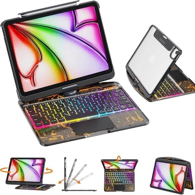 Transparent rotating keyboard case for iPad with wireless Bluetooth keyboard and protective sleeve