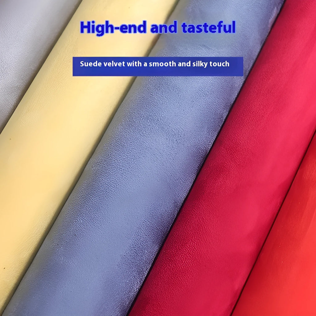 Roll of self-adhesive black leather suede fabric with adhesive backing visible, showing texture.