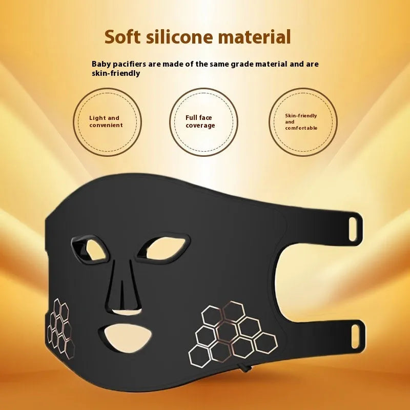 Black four-colour LED photon beauty mask with neck care function and infrared therapy for home use.