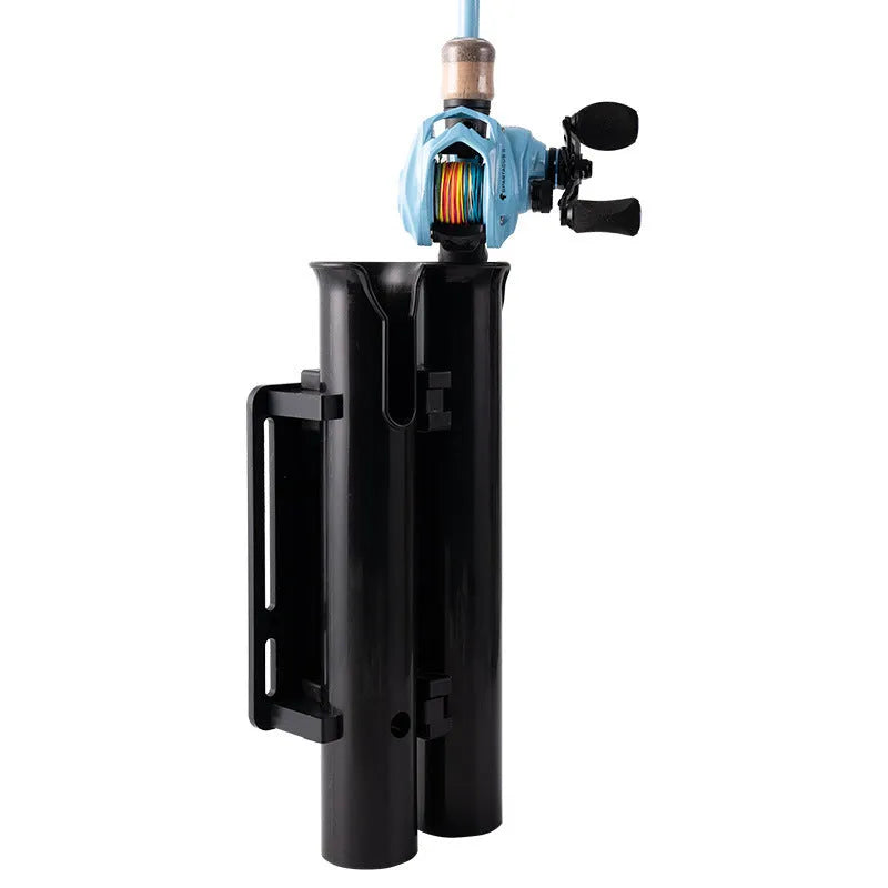 Motorcycle fishing rod rack with double-layer plastic construction and adjustable pipe clamp mounting system
