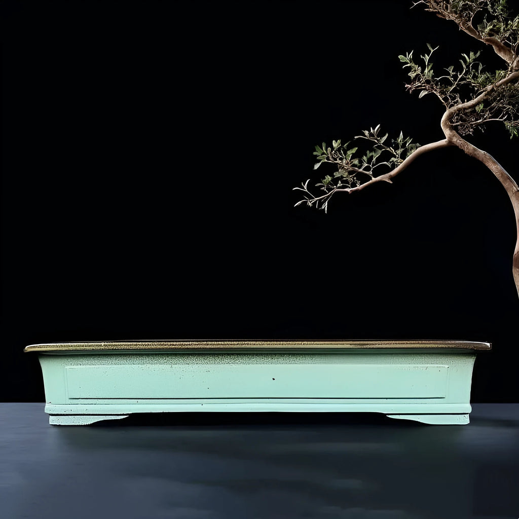 Handmade green ceramic bonsai pot with purple sand crackled glaze finish