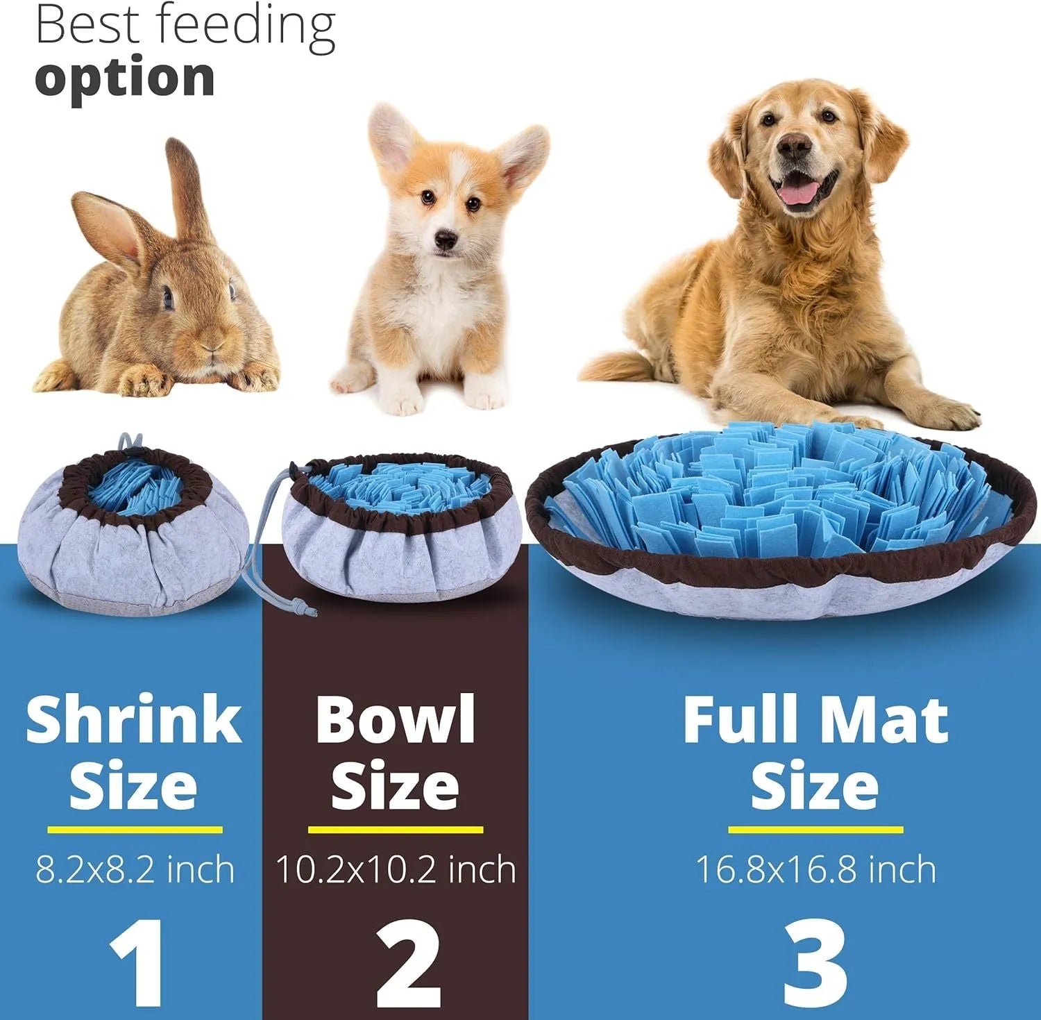 Blue adjustable cotton snuffle mat for dogs with non-slip backing on a wooden floor.