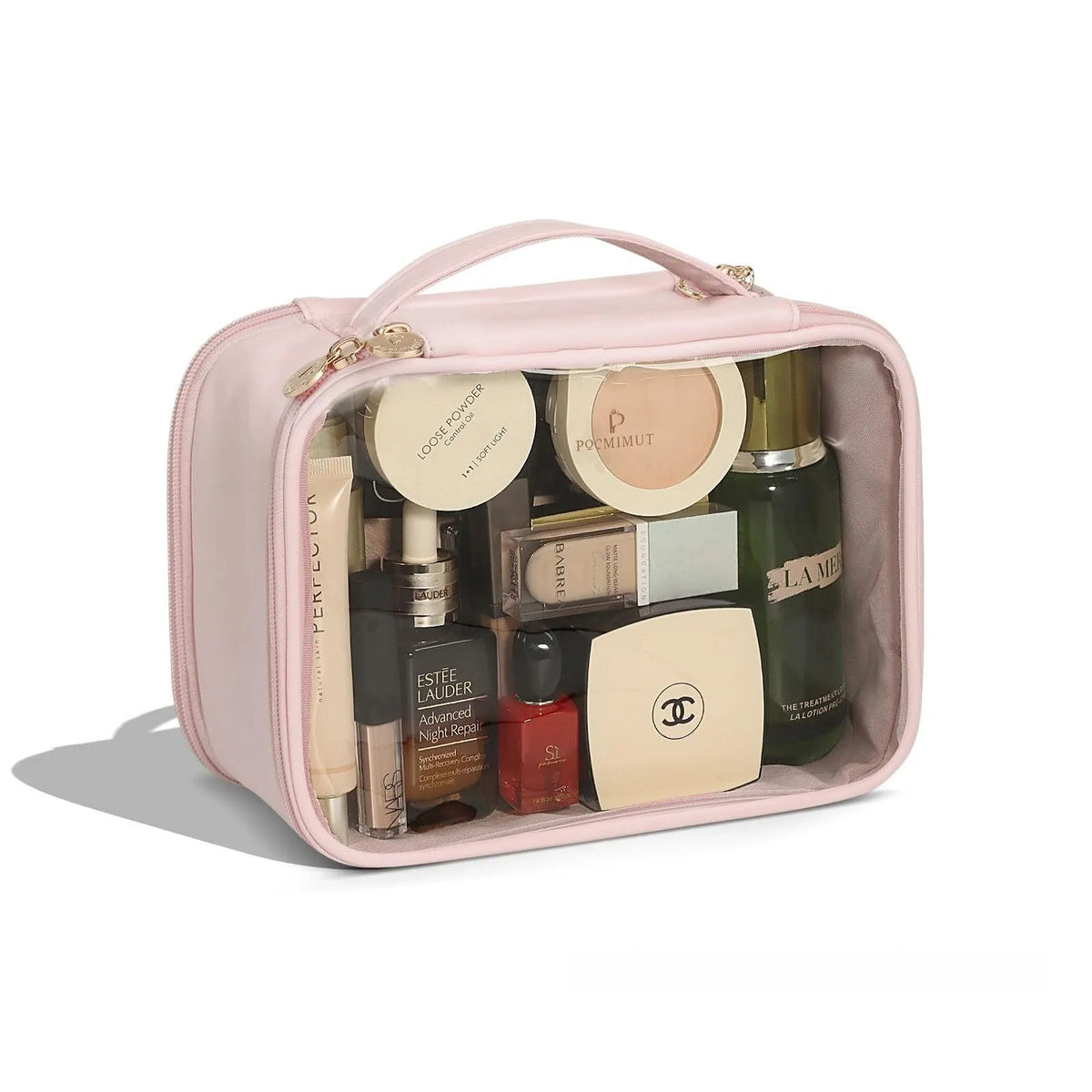Transparent PVC cosmetic bag showing contents through clear material with dry-wet separation compartments