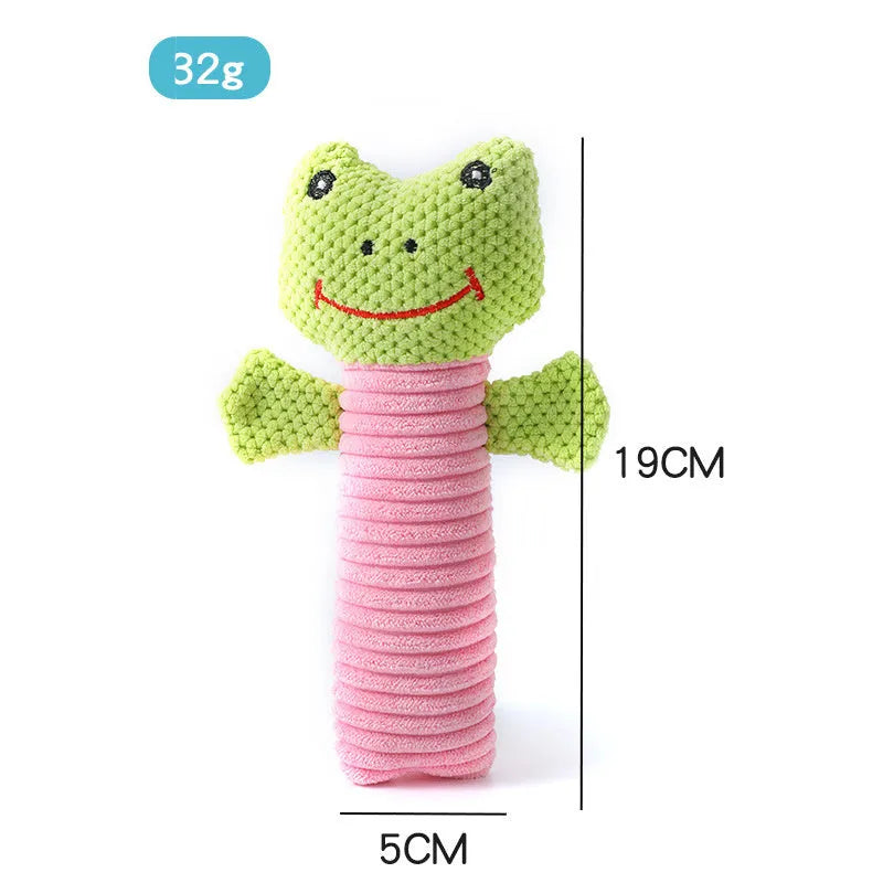 Squeaky stuffed animal dog chew toy in calf, frog, or puppy shape for dental cleaning