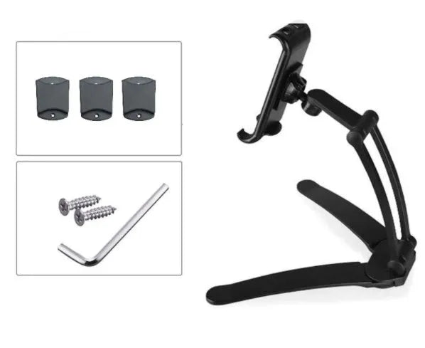 Silver and white aluminum alloy desktop stand holding a tablet at an adjustable angle.
