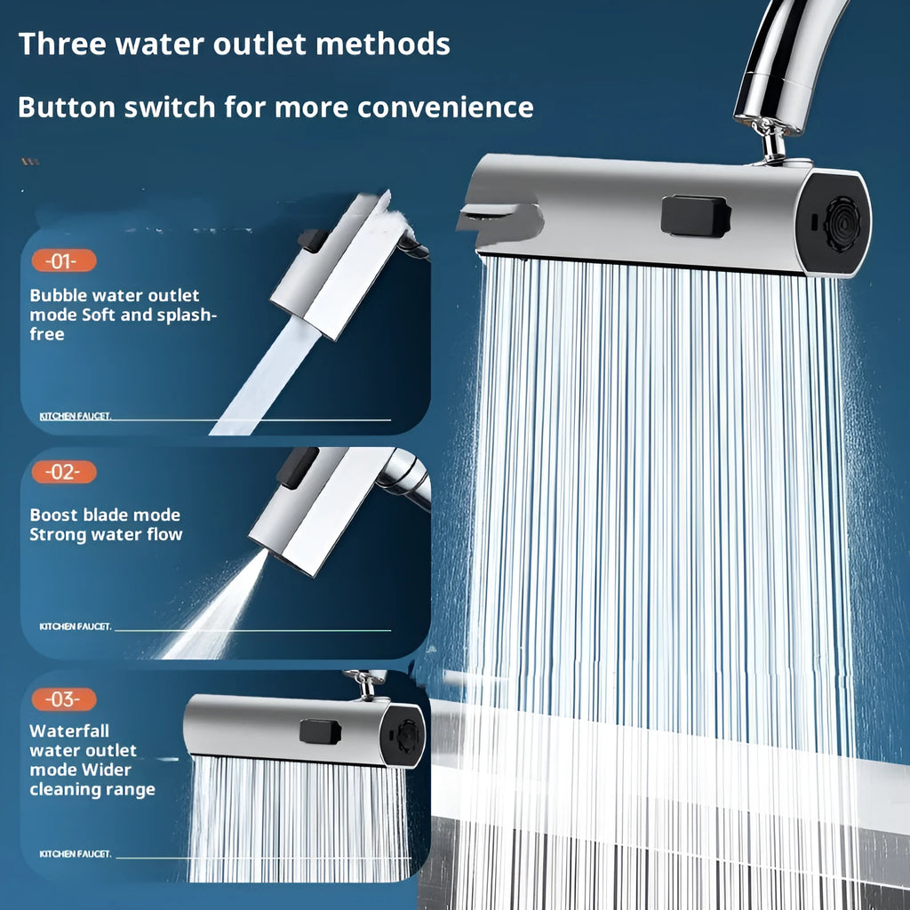 Silver waterfall faucet booster with universal rotation and three speed settings for kitchen sink