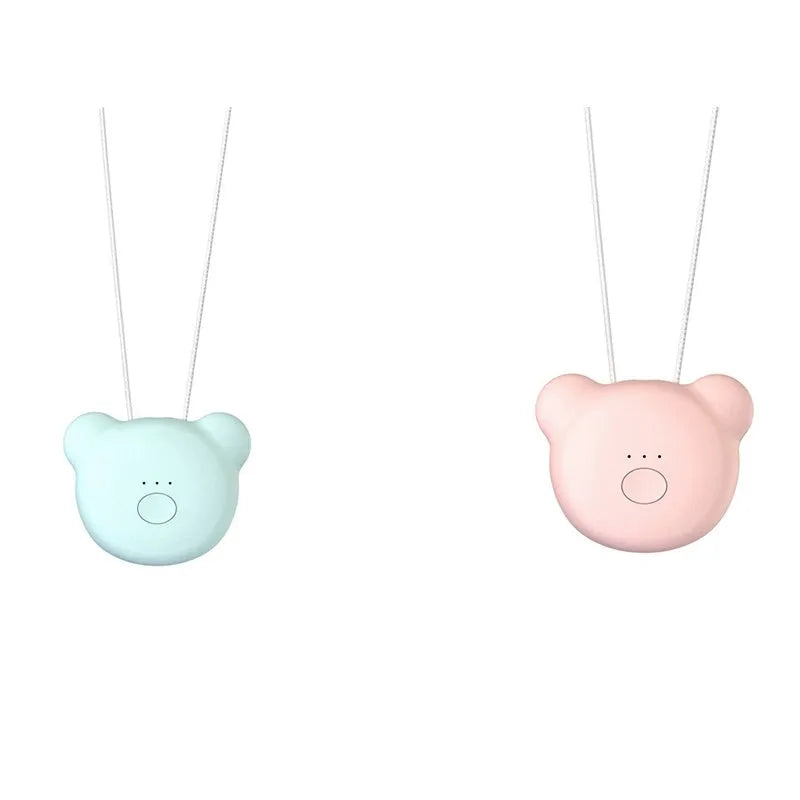 Mini USB air purifier necklace in blue, showing compact rectangular design on a lanyard.