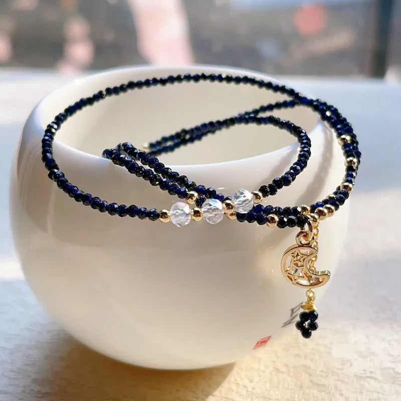 Blue sand stone and gold three-ring bracelet for women with layered construction