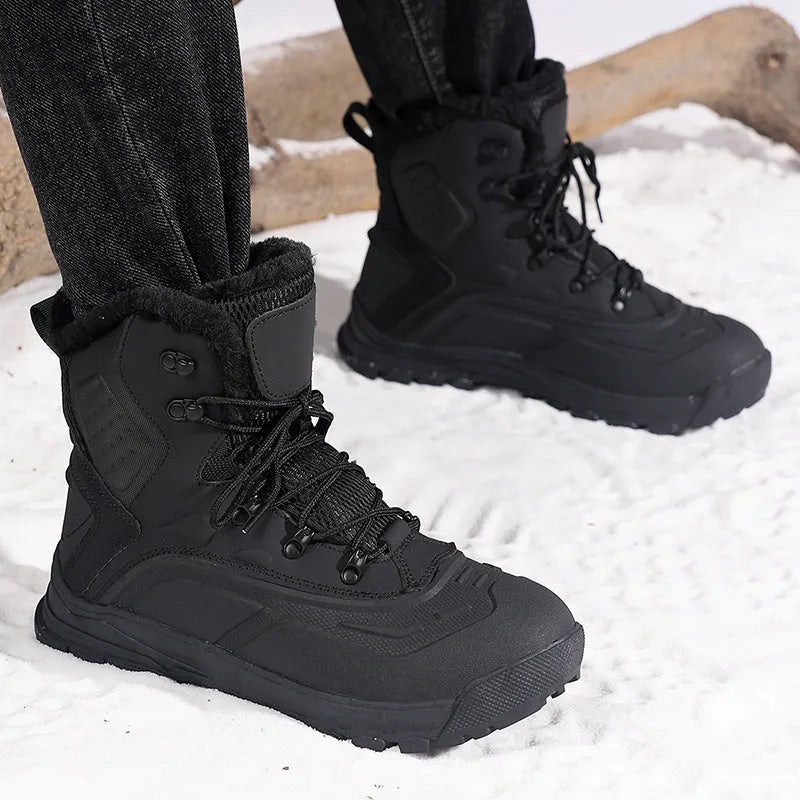 Black plus size men's high-top boots with fleece lining, flat heel, and front lace-up design on a ribbed TPR sole.