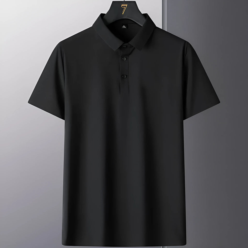 Men's solid colour short sleeve non-ironing business casual shirt on a hanger.