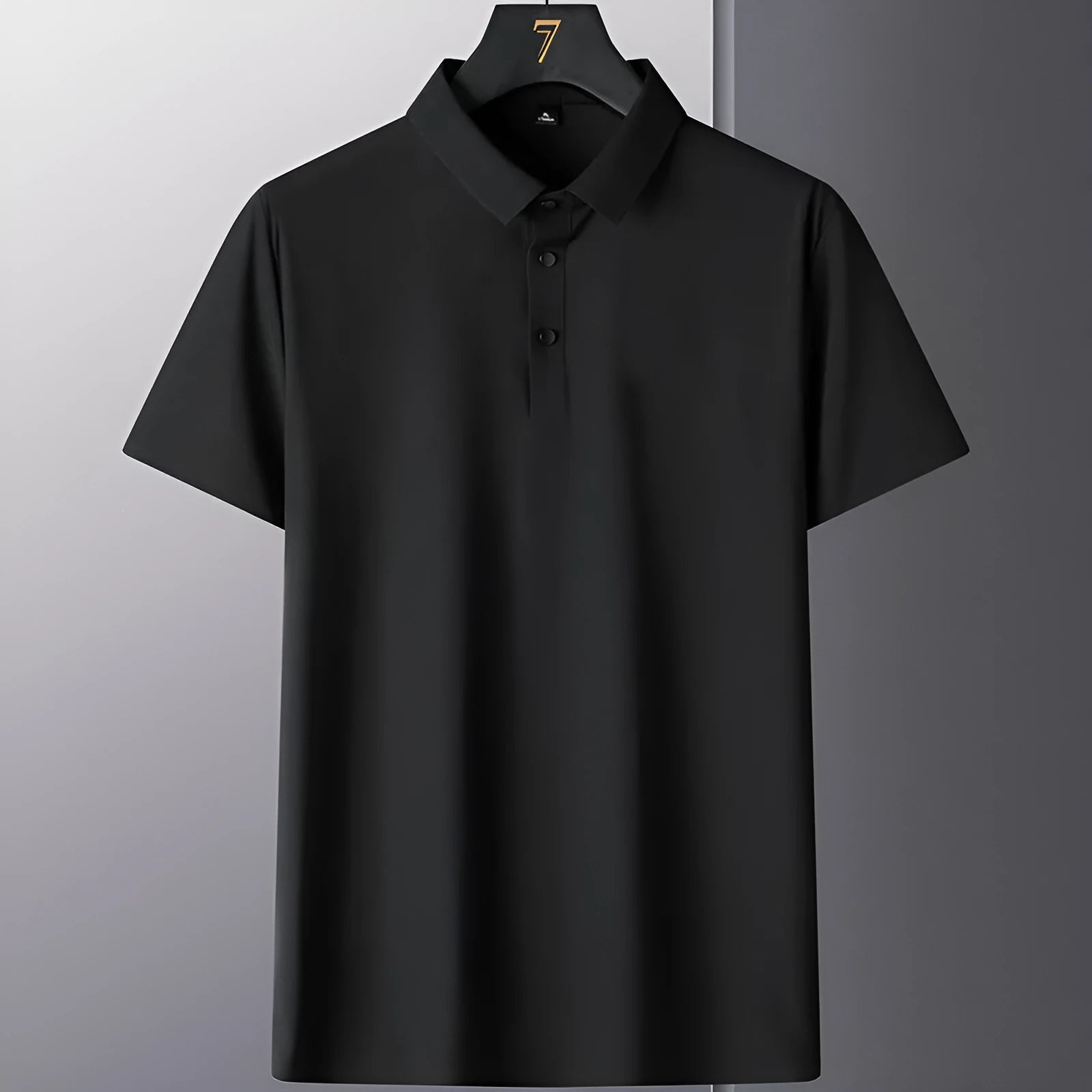 Men's solid colour short sleeve non-ironing business casual shirt on a hanger.