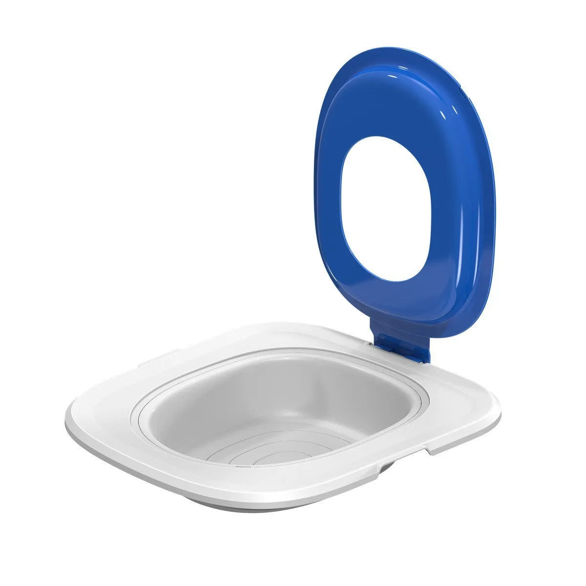 Fifth generation grey cat toilet trainer with high sides on a white background.