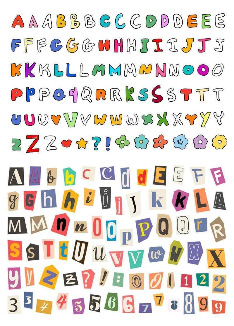 English letters and numbers symbol label stickers showing A, B, C, D, E letters and weekly words in cute printed style
