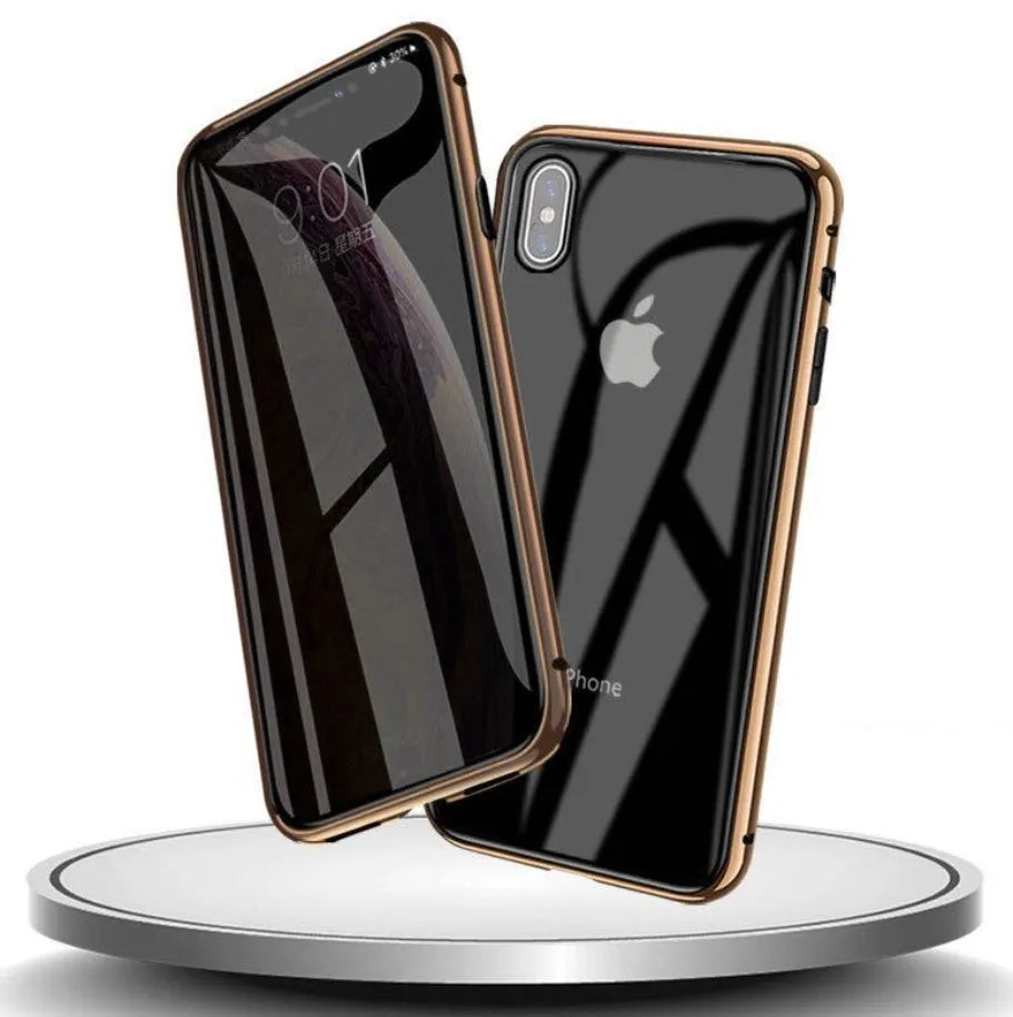 Black glass clamshell anti-spy phone case with a geometric pattern for iPhone.