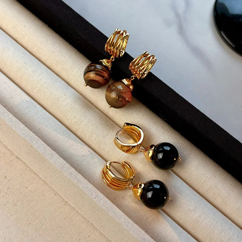 Maillard geometric tigereye earrings with gold plating in brown and black colour options