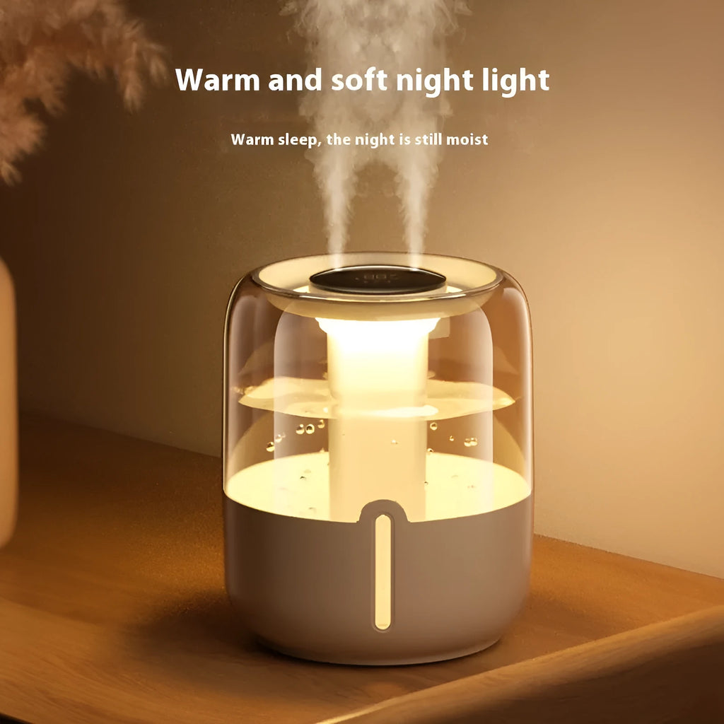 Beige round USB humidifier with digital display, dual spray nozzles and night light
