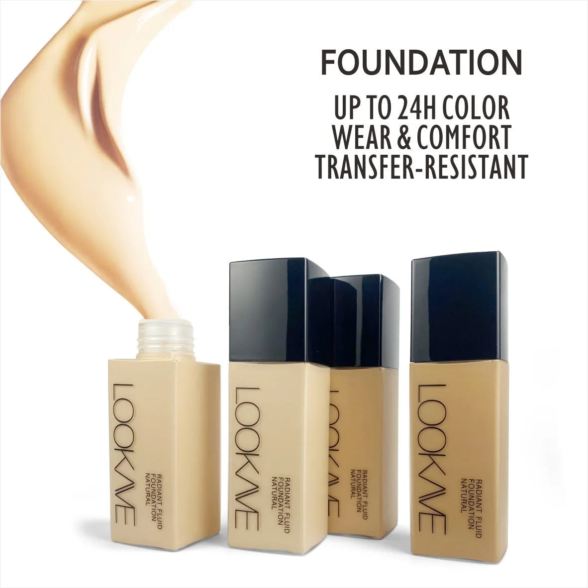 LOOKAVE matte liquid foundation bottle showing Ivory White shade, 21g waterproof formula with brightening effect.