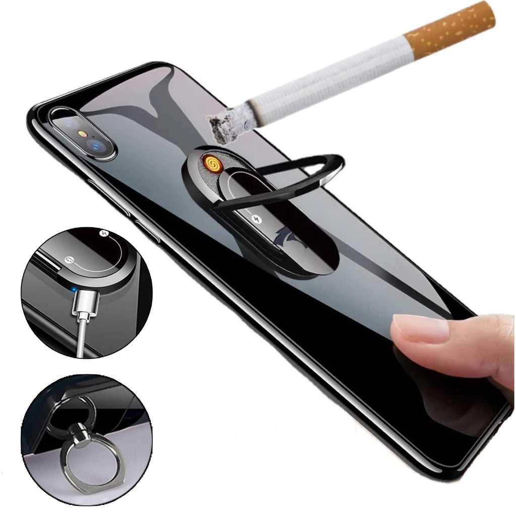 2 in 1 USB plasma lighter and mobile phone holder in aluminium alloy, black ice colour, with ring buckle and USB charging cable