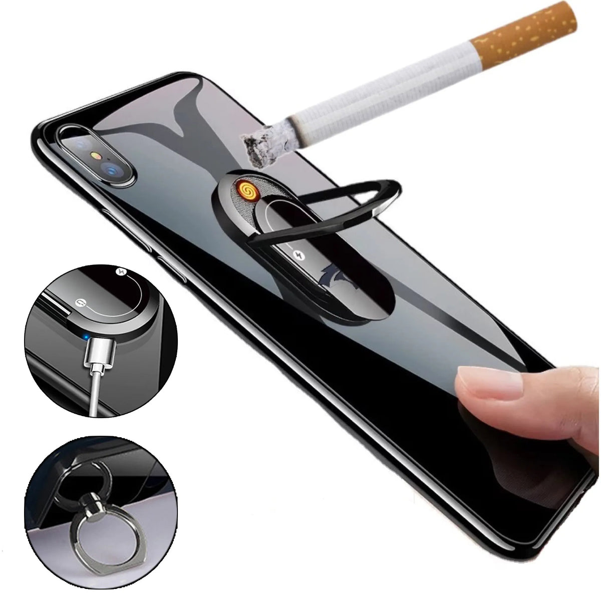 2 in 1 USB plasma lighter and mobile phone holder in aluminium alloy, black ice colour, with ring buckle and USB charging cable