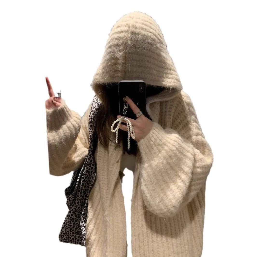 Women's thick grey retro Maillard style hooded cardigan sweater on a hanger