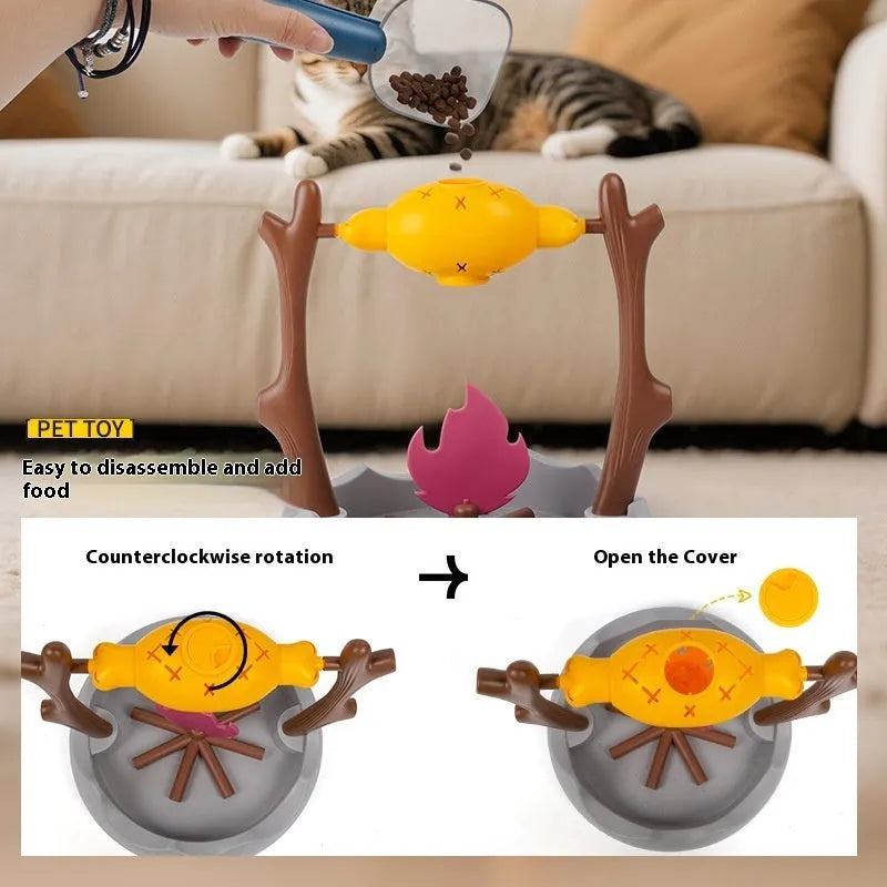 Barbecue-style cat food tumbling feeder with self-healing design measuring 30x30x29cm