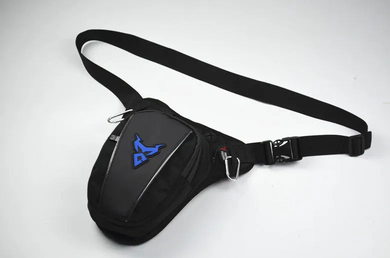 Motorcycle leg bag in 1200D Oxford cloth shown with adjustable straps for crossbody, waist, or shoulder wear.