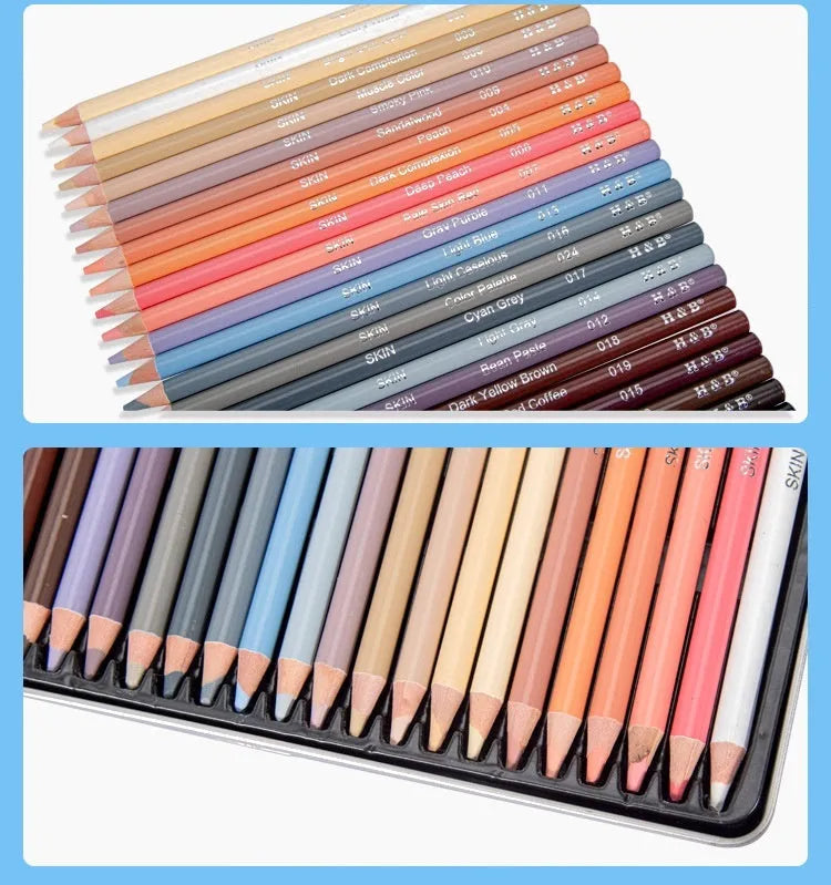 24 skin colour pencils for portrait artwork in round brush pot iron storage box