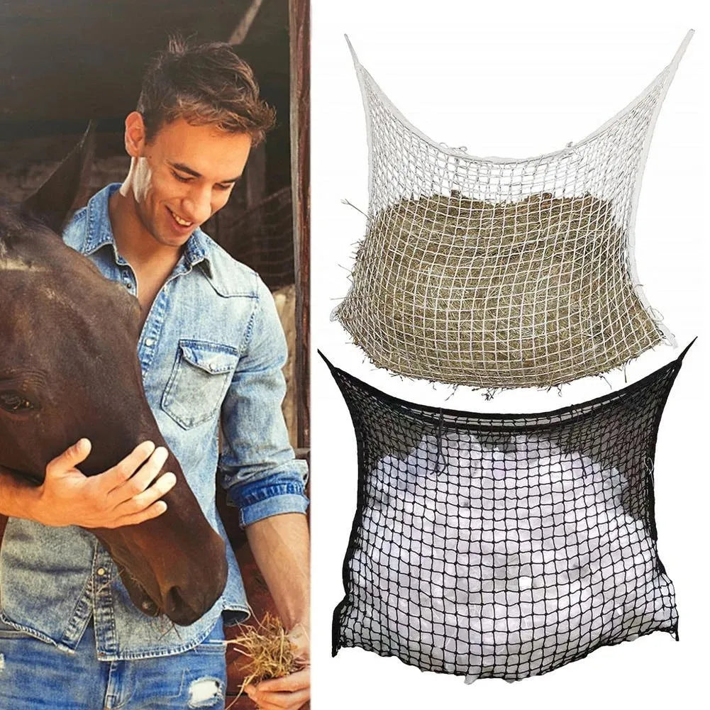 Woven grid hanging feeding bag for horses and livestock in black or white PE rope construction