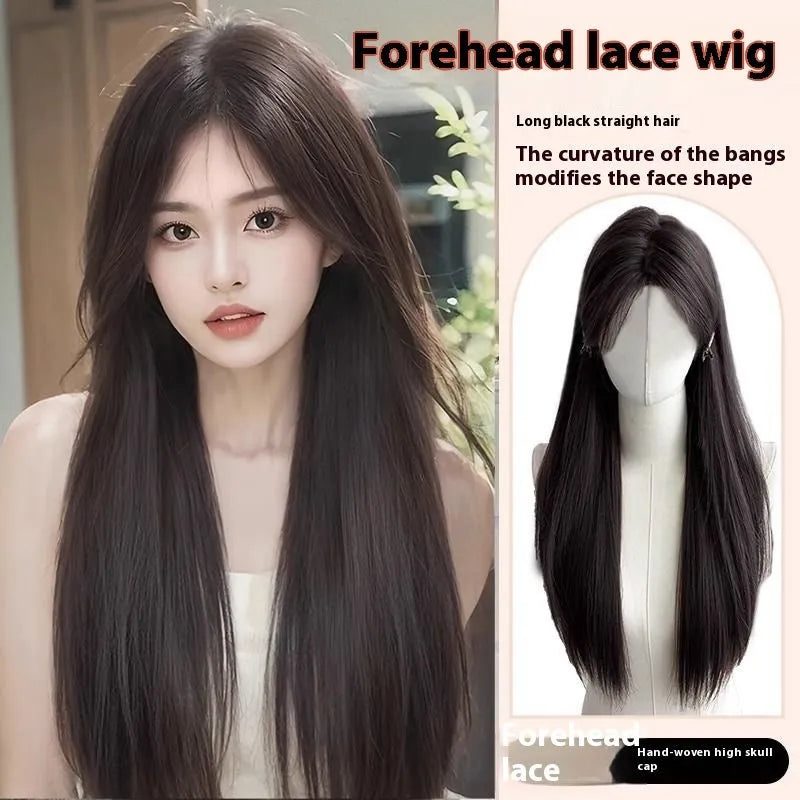 Long straight synthetic wig with side bangs and forehead lace front in dark brown colour.